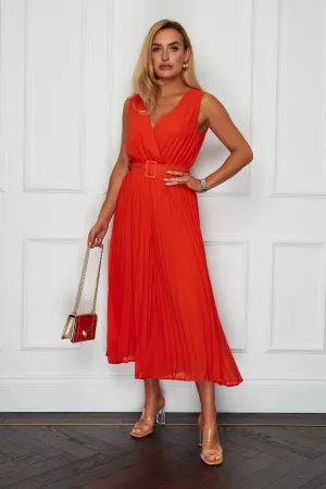 Bella Orange Wrap Front Belted Pleated Jumpsuit