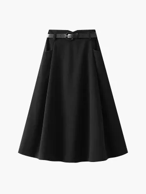 BerryBetty - Belted Elastic Waistband Pleat Midi Skirt