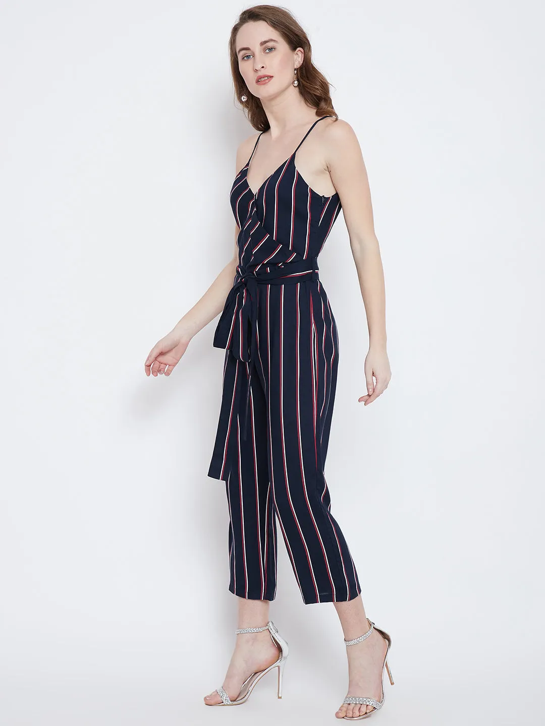 Berrylush Women Navy Blue Striped Pattern V-Neck Waist Tie-Up Culotte Jumpsuit