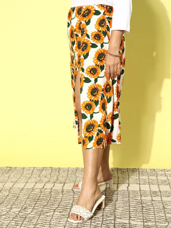 Berrylush Women Plus Size White & Mustard Sunflower Printed Thigh-High Slit Flared A-Line Midi Skirt