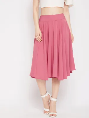 Berrylush Women Solid Pink Mid-Rise Elastic Waist Crepe Zipper-Up Flared A-Line Midi Skirt