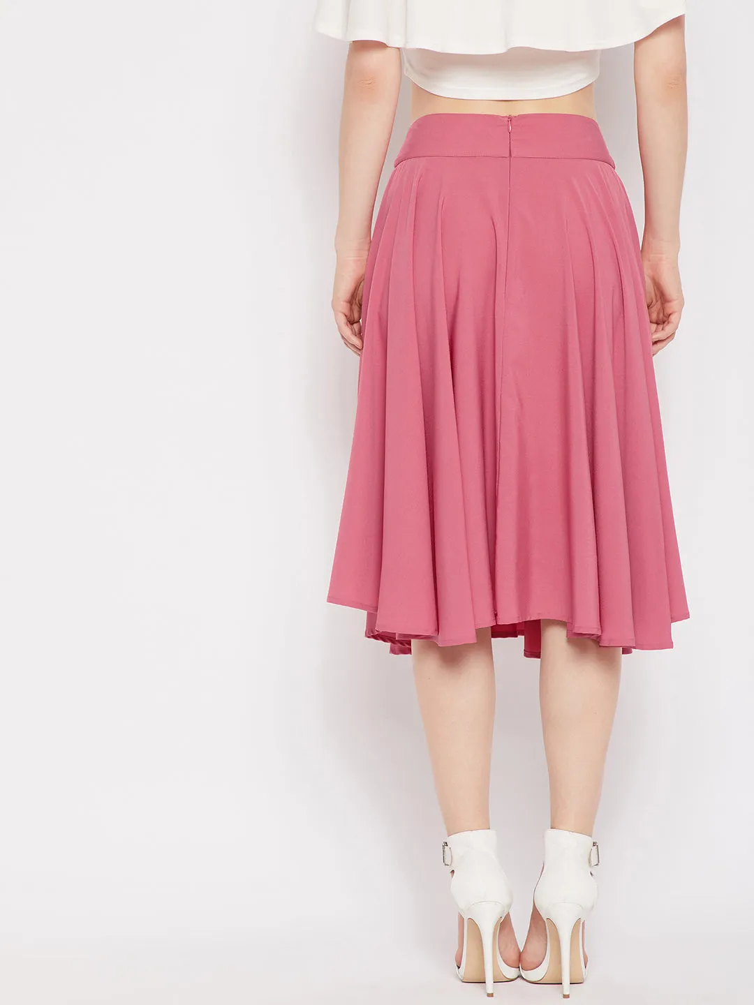 Berrylush Women Solid Pink Mid-Rise Elastic Waist Crepe Zipper-Up Flared A-Line Midi Skirt