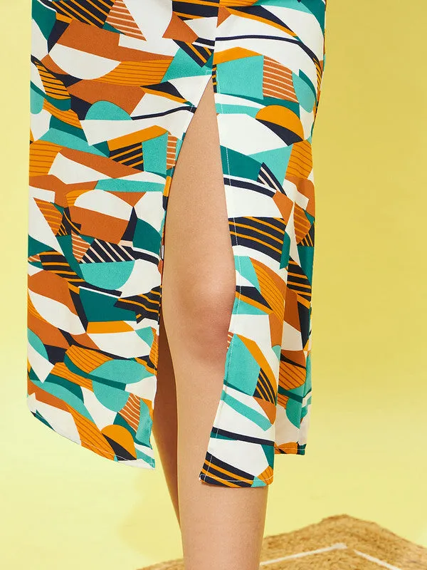 Berrylush Women Teal, Orange, & White Abstract Printed Crepe Thigh-High Slit Flared A-Line Midi Skirt