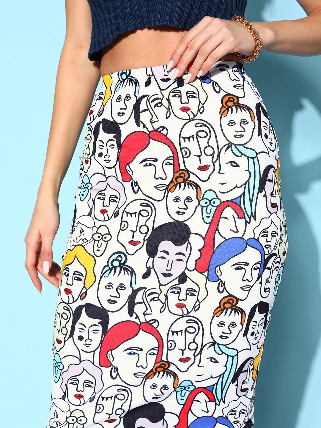 Berrylush Women White & Multicolour Graphic Printed Crepe Straight Hem Slip-On Back-Slitted Pencil Midi Skirt