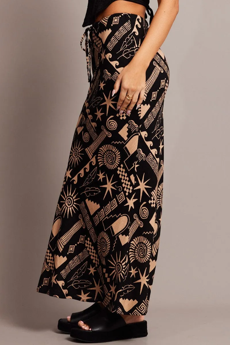 Black Abstract Slip Skirt Midi Linen Blend