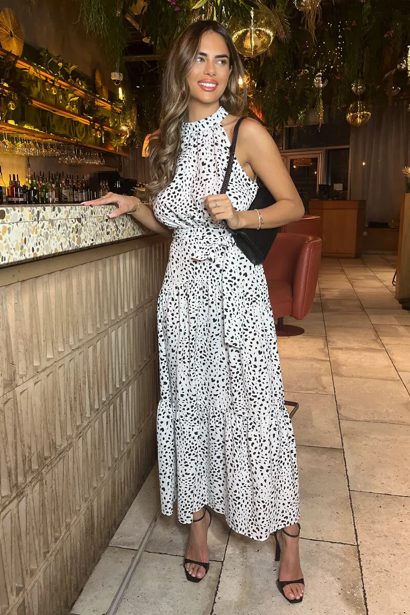 Black And White Halterneck Tie Waist Midi Dress