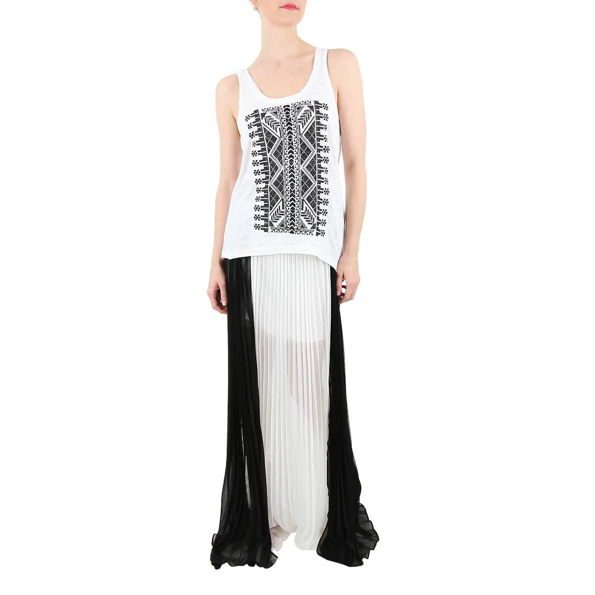 Black and White Pleated Column Maxi Skirt