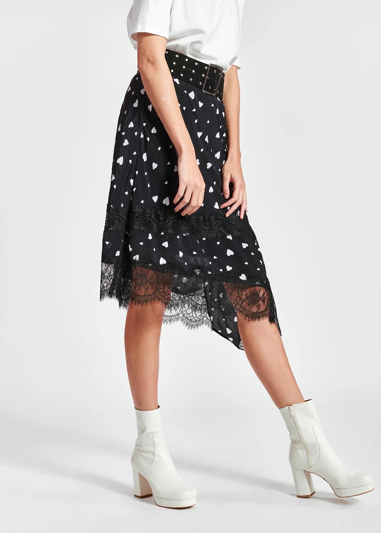 Black asymmetrical heart-print midi skirt