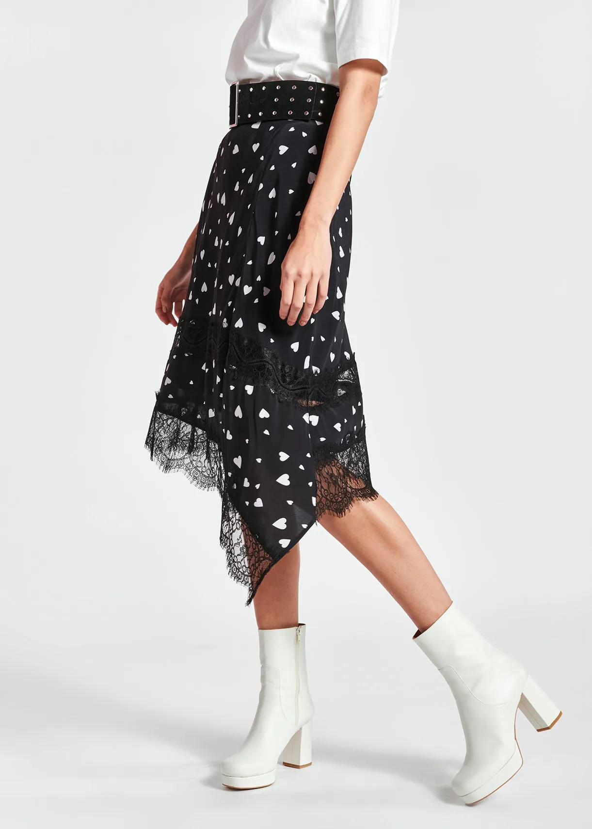 Black asymmetrical heart-print midi skirt