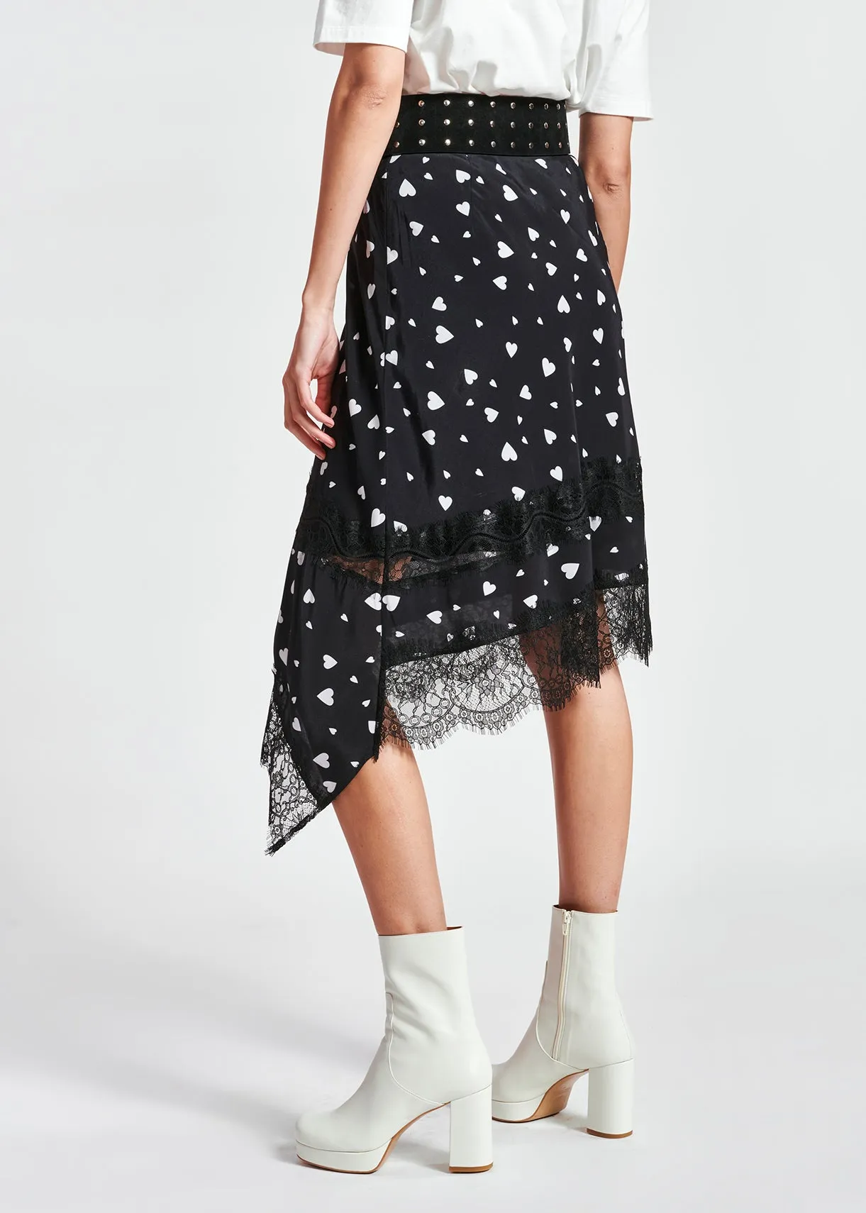 Black asymmetrical heart-print midi skirt