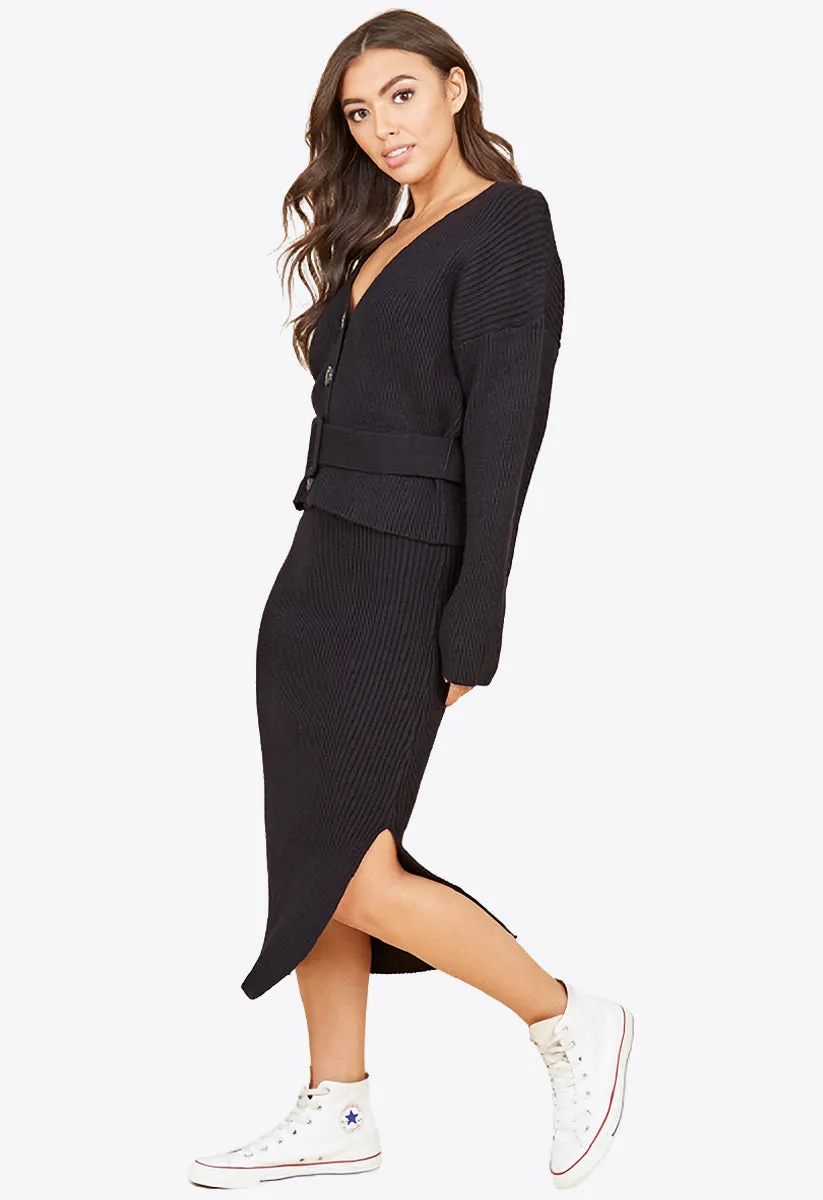 Black Chunky Knitted Ribbed Belted Cardigan And Skirt Set