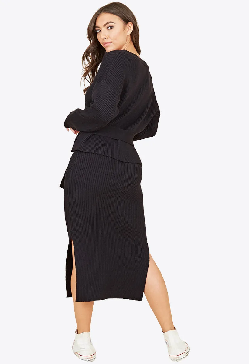 Black Chunky Knitted Ribbed Belted Cardigan And Skirt Set