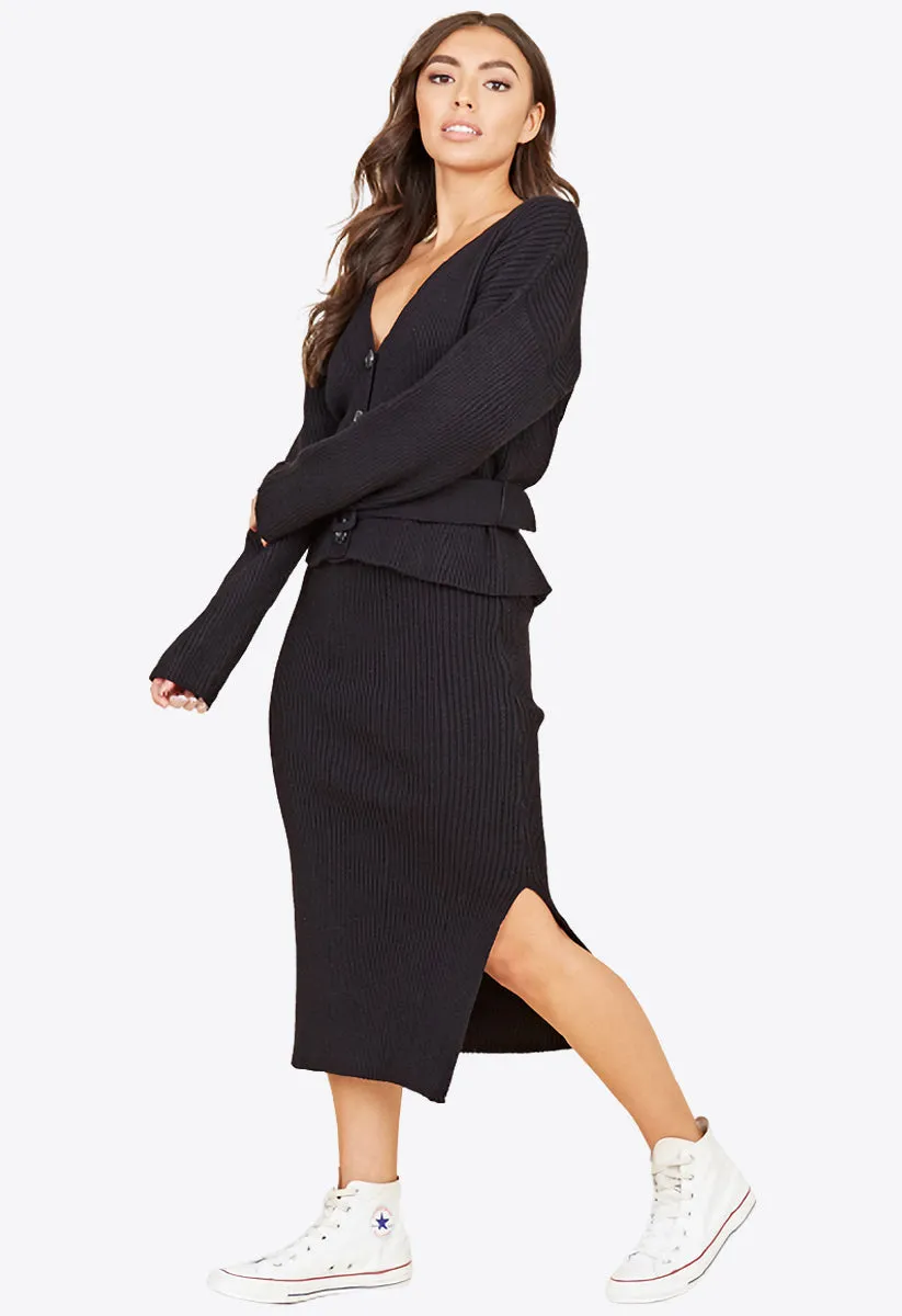 Black Chunky Knitted Ribbed Belted Cardigan And Skirt Set