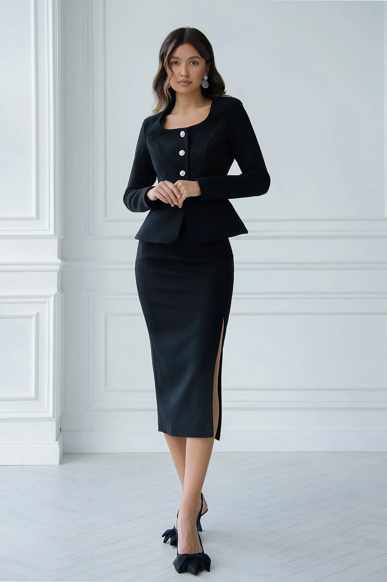 Black Collarless Tweed Skirt Suit 2-Piece