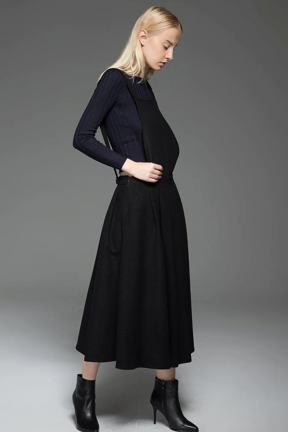 Black Dress, wool dress, Pinafore Wool Modern loose casual  Midi Length Flared Skirt & Braces Straps Dress 2016 Fashion Season C777