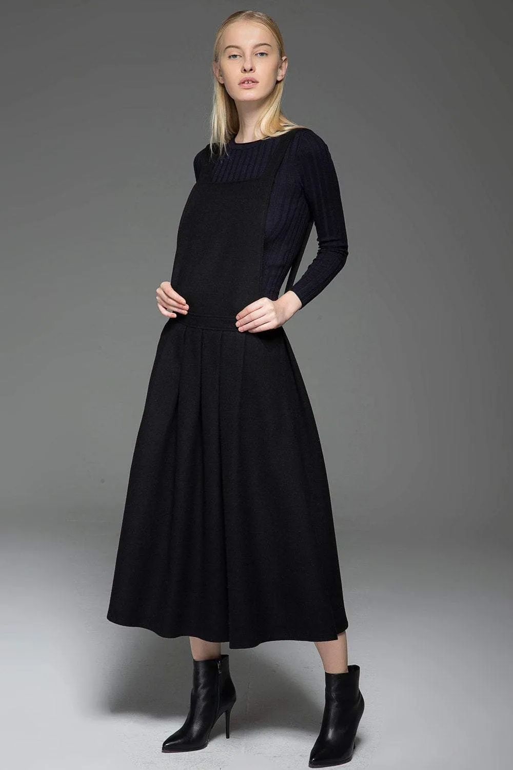 Black Dress, wool dress, Pinafore Wool Modern loose casual  Midi Length Flared Skirt & Braces Straps Dress 2016 Fashion Season C777