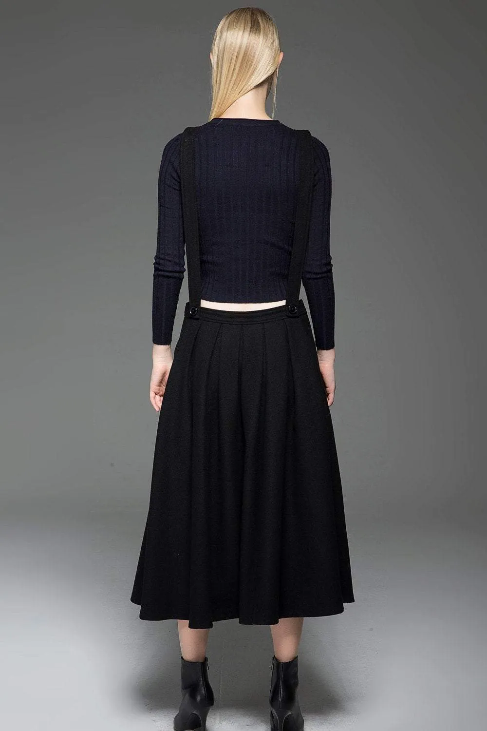 Black Dress, wool dress, Pinafore Wool Modern loose casual  Midi Length Flared Skirt & Braces Straps Dress 2016 Fashion Season C777