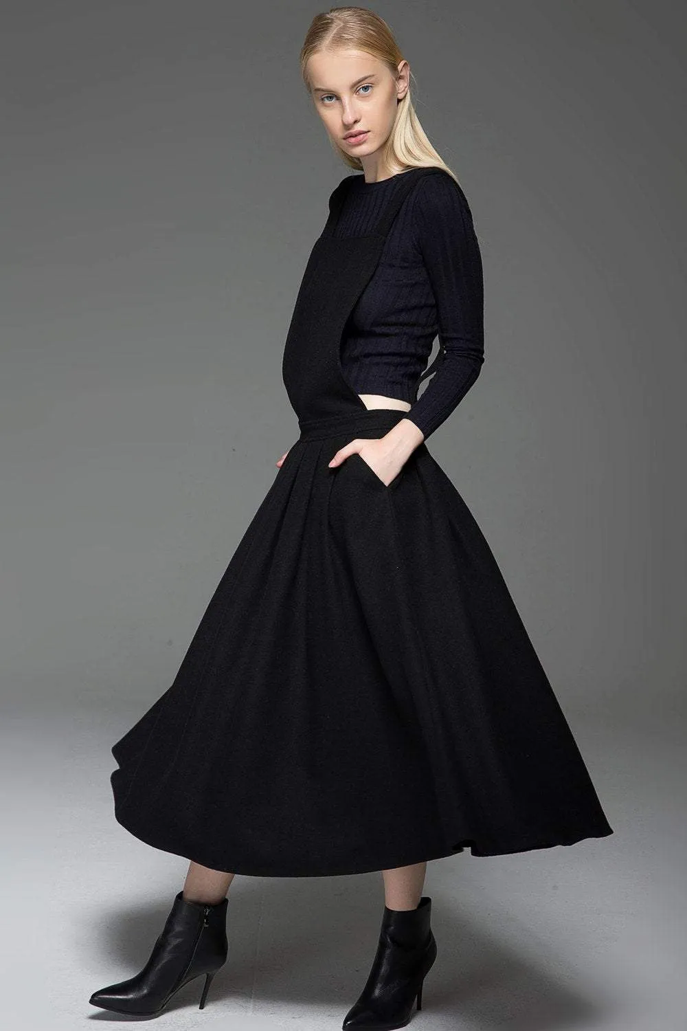 Black Dress, wool dress, Pinafore Wool Modern loose casual  Midi Length Flared Skirt & Braces Straps Dress 2016 Fashion Season C777