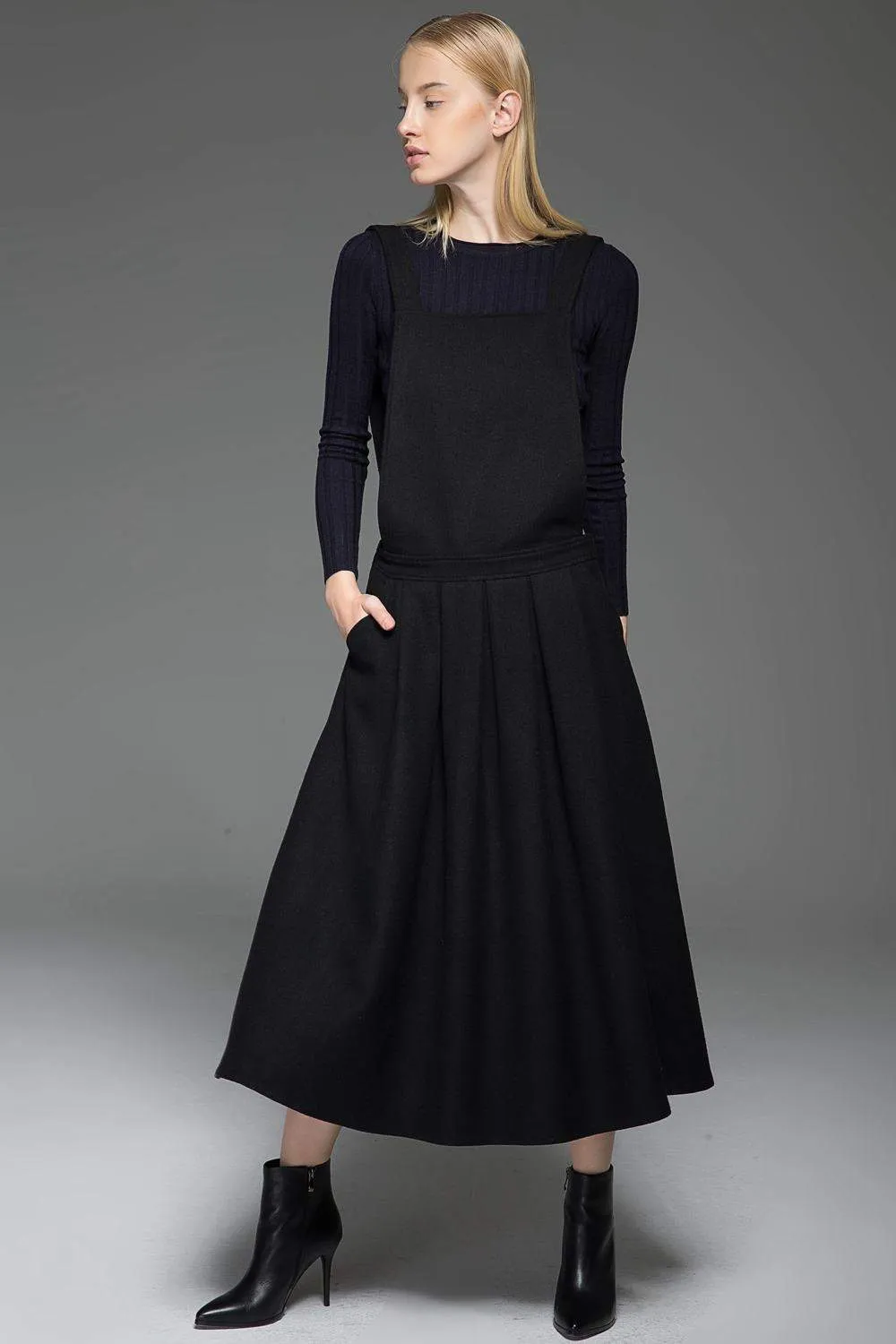 Black Dress, wool dress, Pinafore Wool Modern loose casual  Midi Length Flared Skirt & Braces Straps Dress 2016 Fashion Season C777