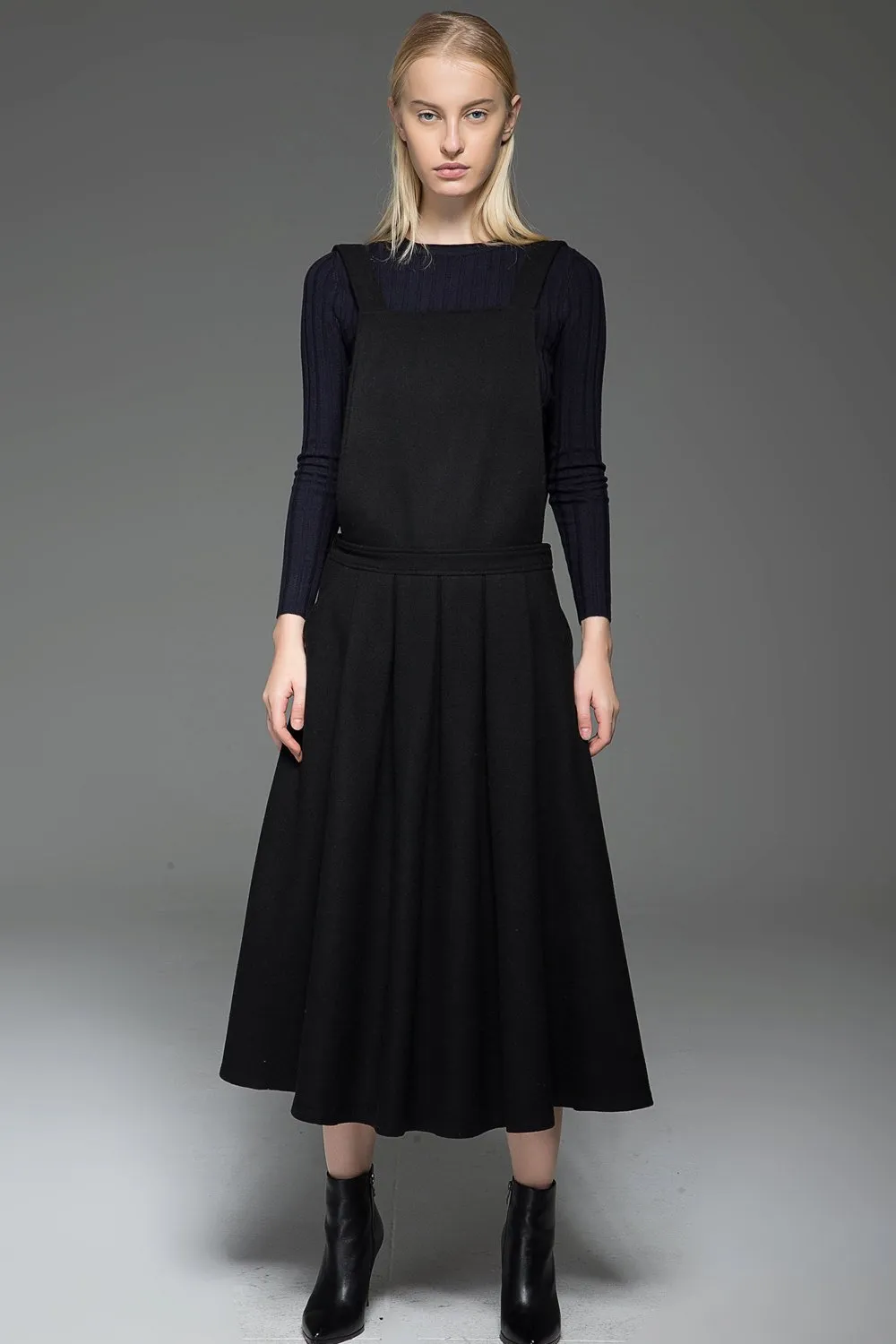 Black Dress, wool dress, Pinafore Wool Modern loose casual  Midi Length Flared Skirt & Braces Straps Dress 2016 Fashion Season C777