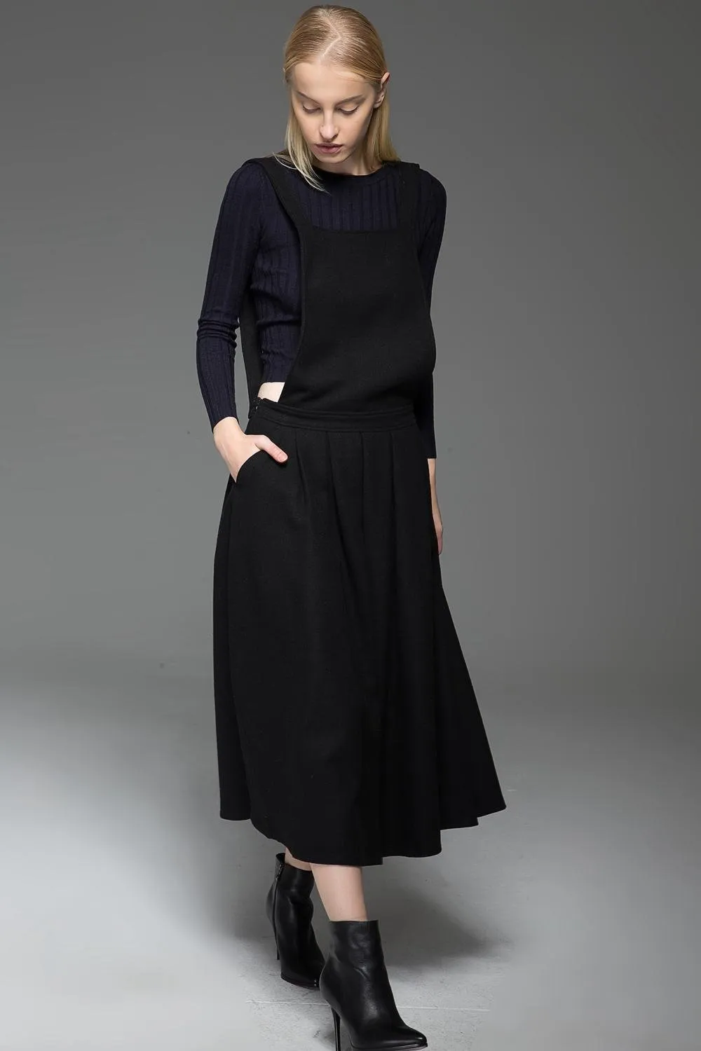 Black Dress, wool dress, Pinafore Wool Modern loose casual  Midi Length Flared Skirt & Braces Straps Dress 2016 Fashion Season C777