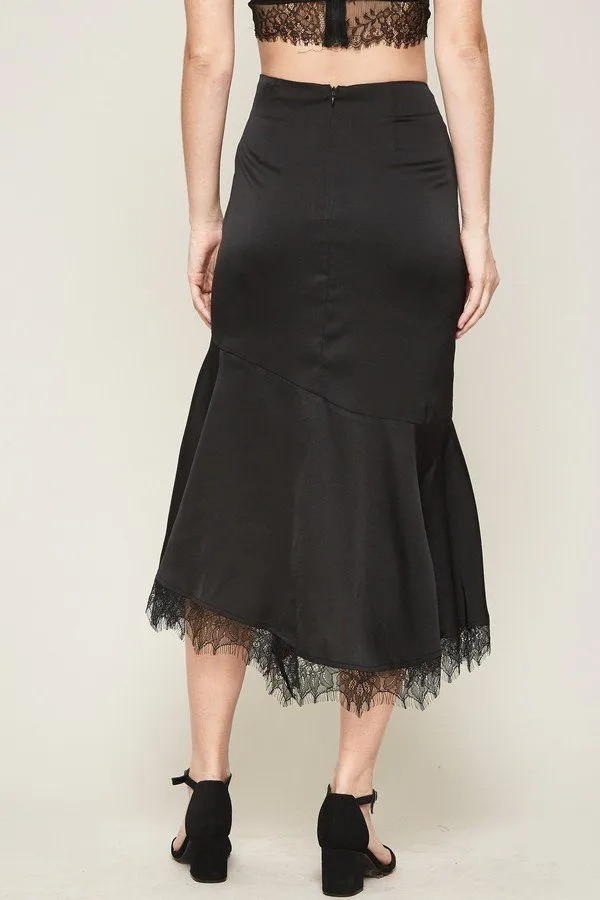 Black Lace Solid Woven Midi Skirt