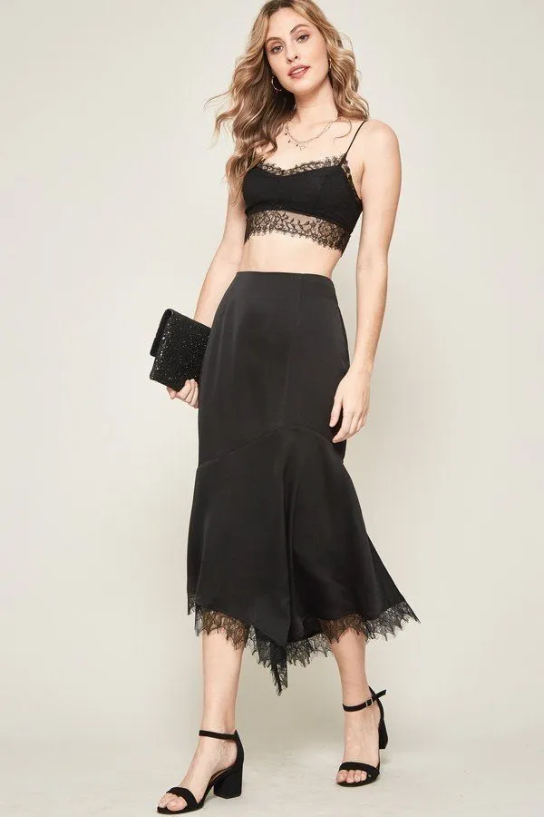 Black Lace Solid Woven Midi Skirt