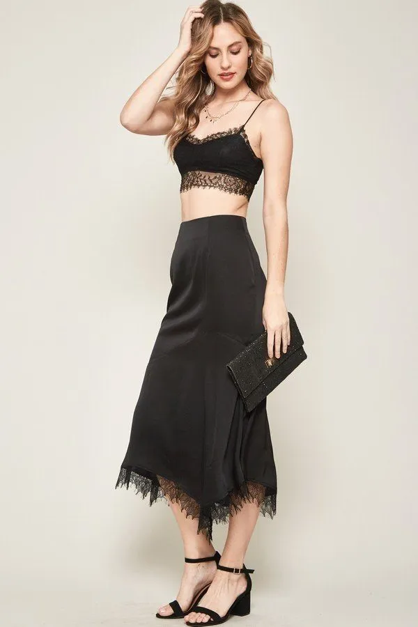 Black Lace Solid Woven Midi Skirt