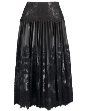 Black Leather Pleated Lace Skirt