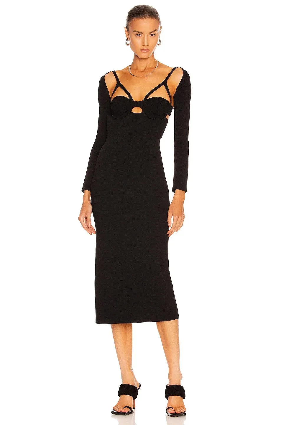 Black Long Sleeve V-neck Rayon Bandage Cocktail Party Midi Dress