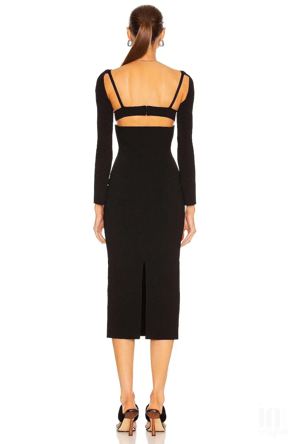 Black Long Sleeve V-neck Rayon Bandage Cocktail Party Midi Dress