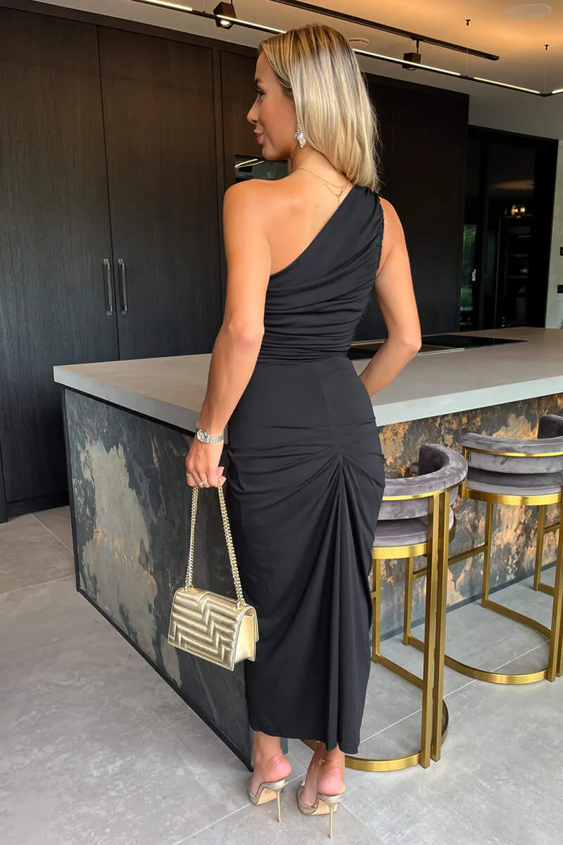 Black One Shoulder Knot Skirt Midi Dress