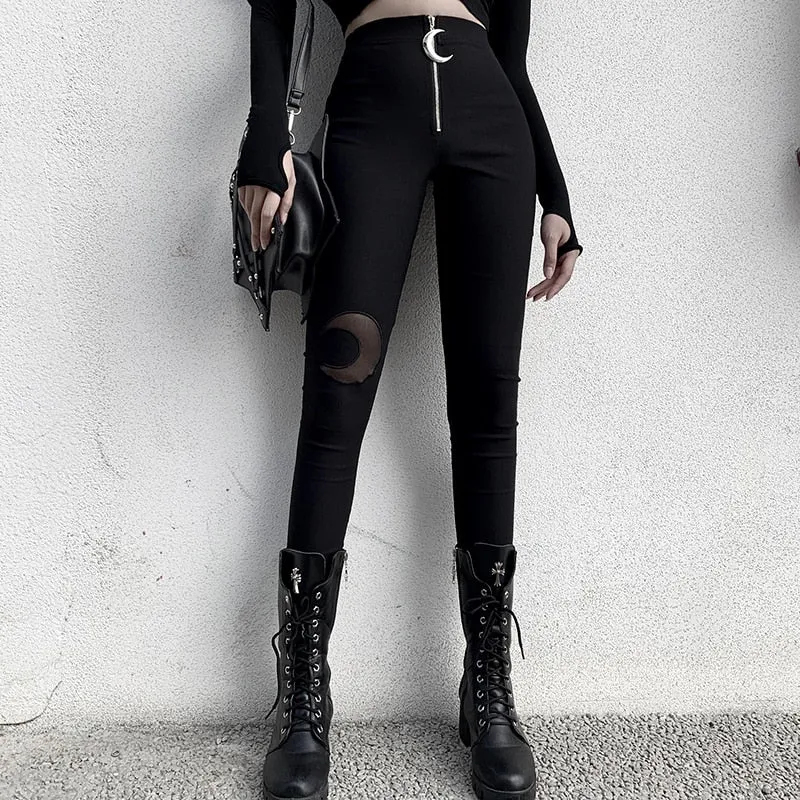 Black Pencil High Waist Pants Gothic Zipper Hollow Out Bodycon Trouser