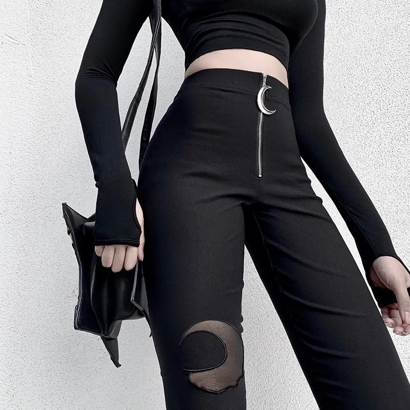 Black Pencil High Waist Pants Gothic Zipper Hollow Out Bodycon Trouser