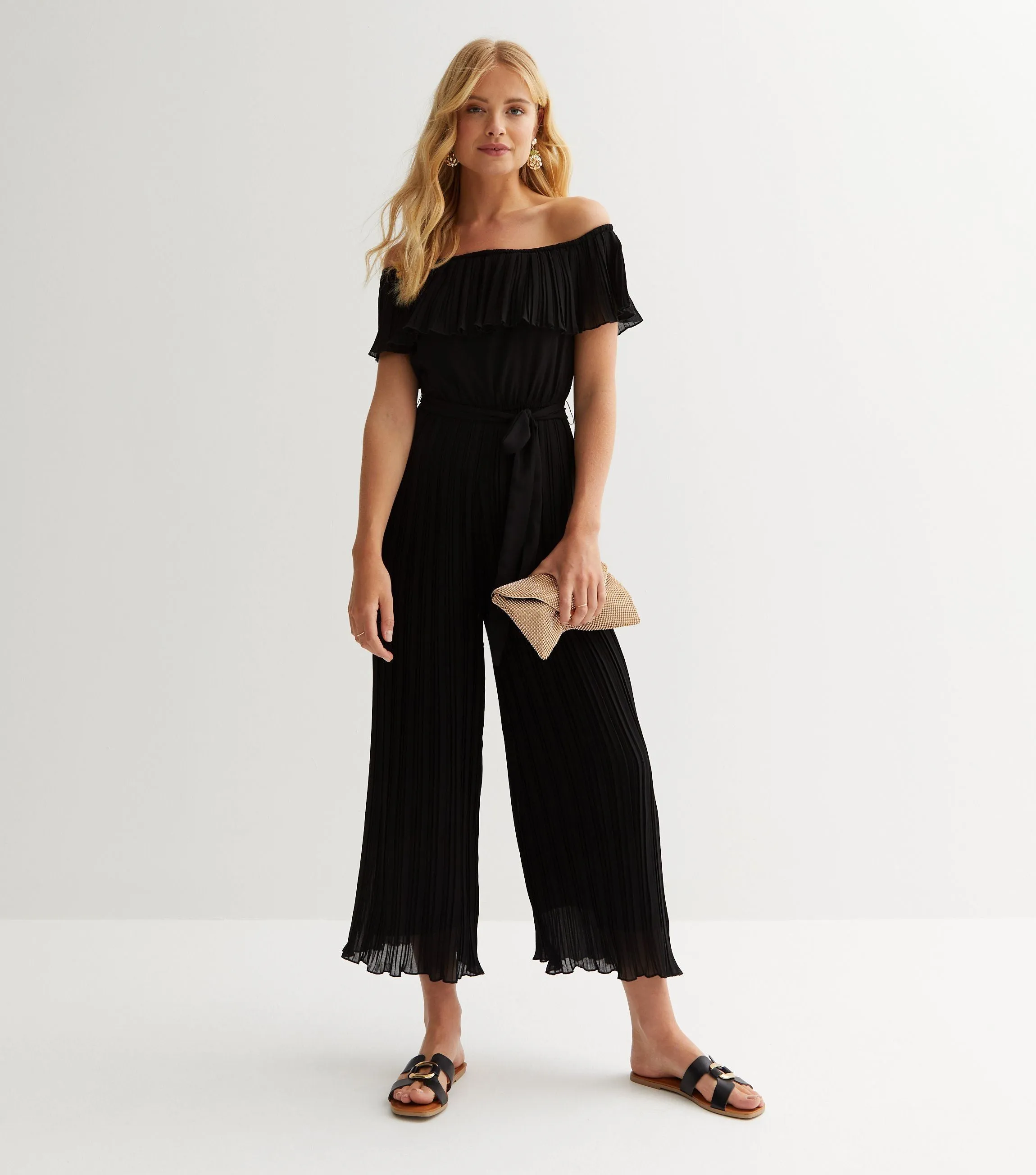 Black Pleated Bardot Ruffle Culotte Jumpsuit