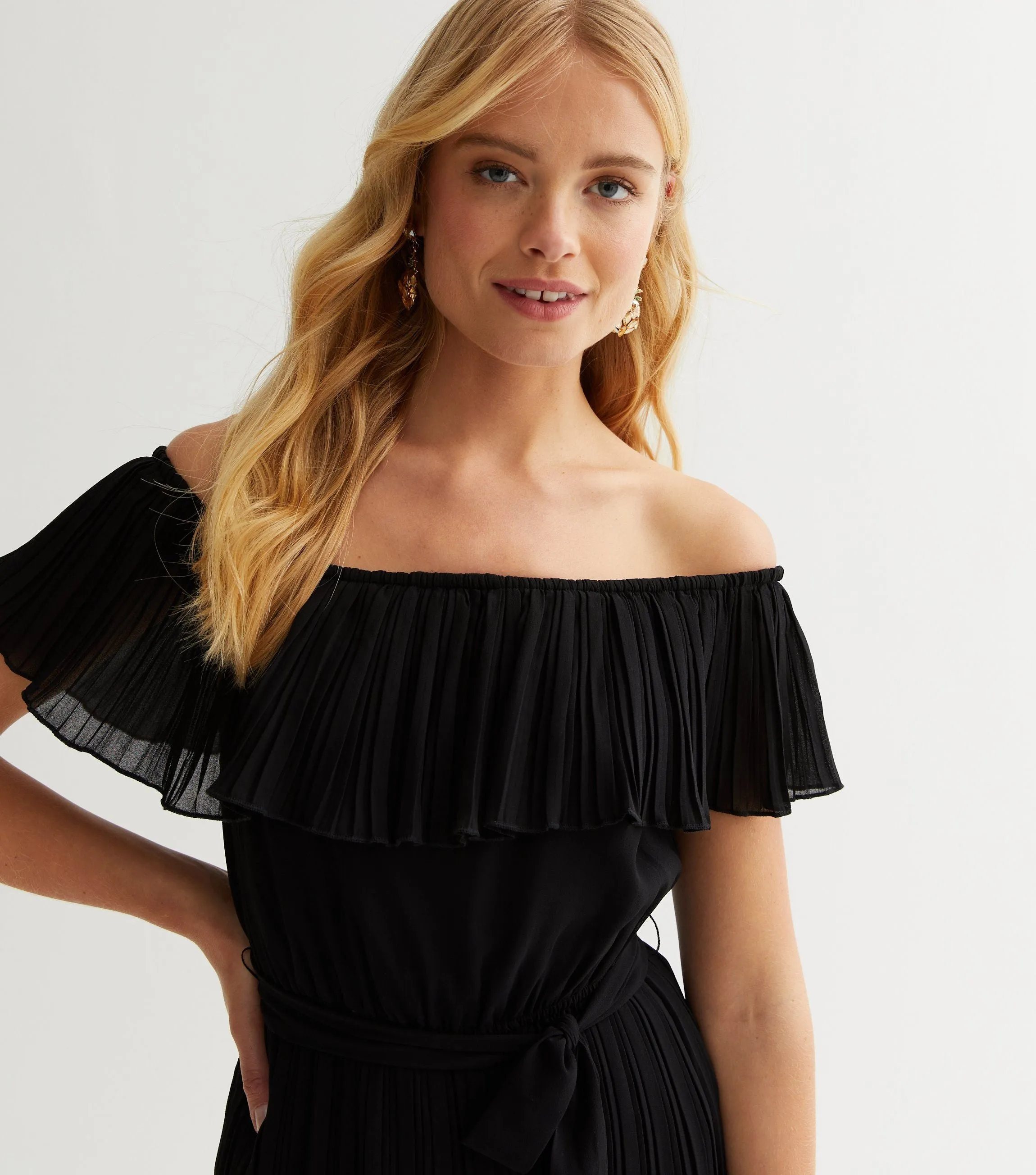 Black Pleated Bardot Ruffle Culotte Jumpsuit