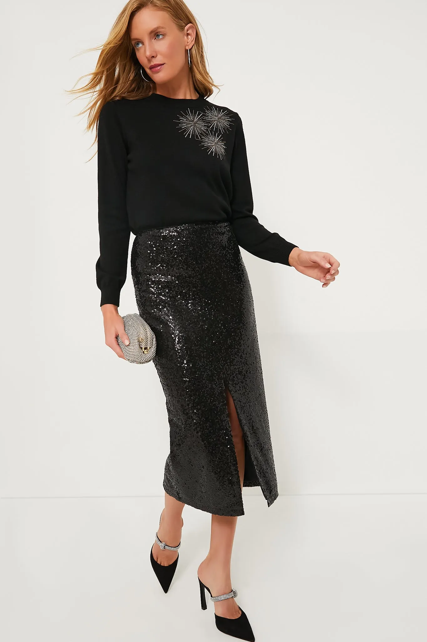 Black Sequin Caterina Midi Skirt