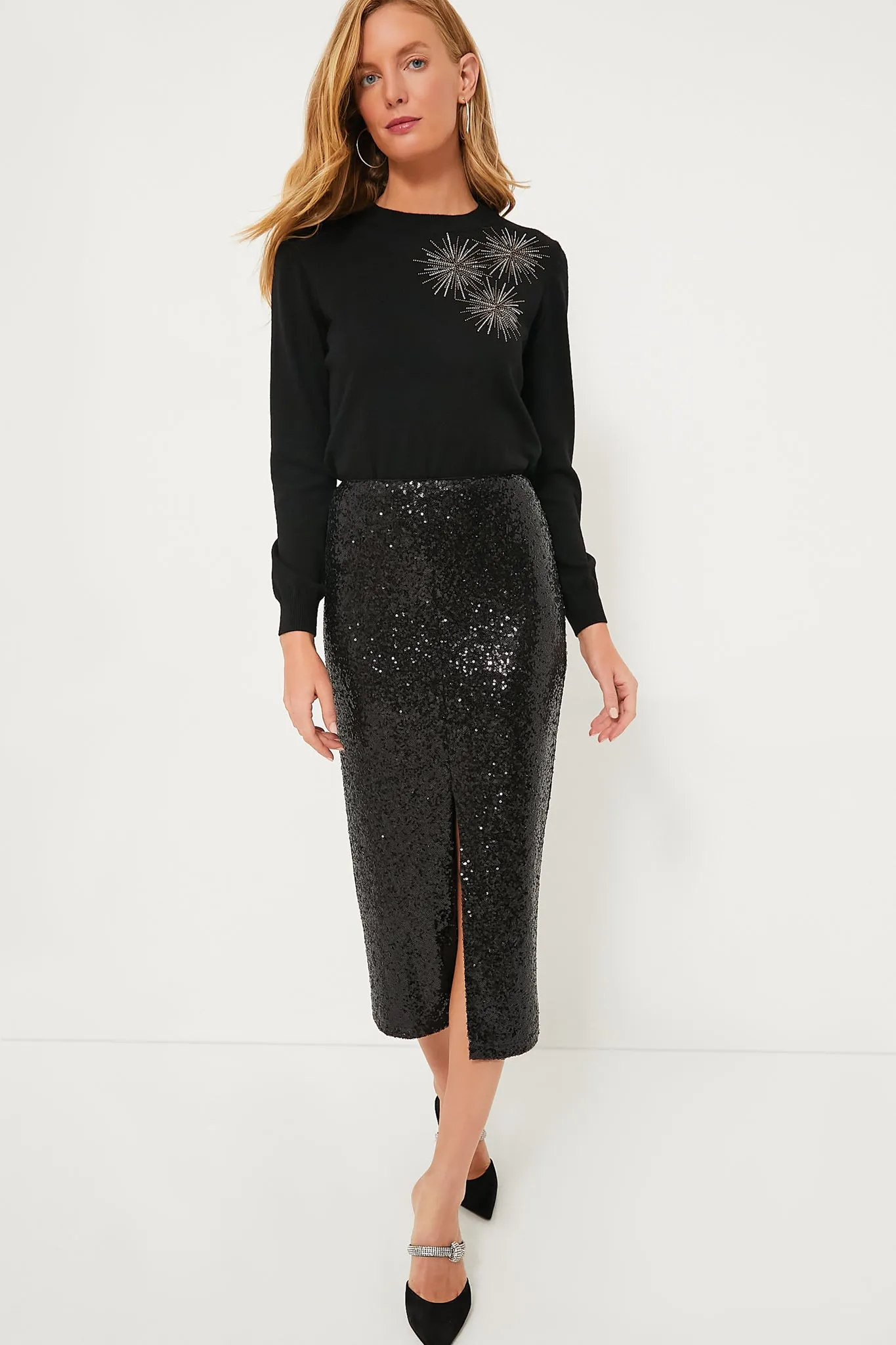 Black Sequin Caterina Midi Skirt