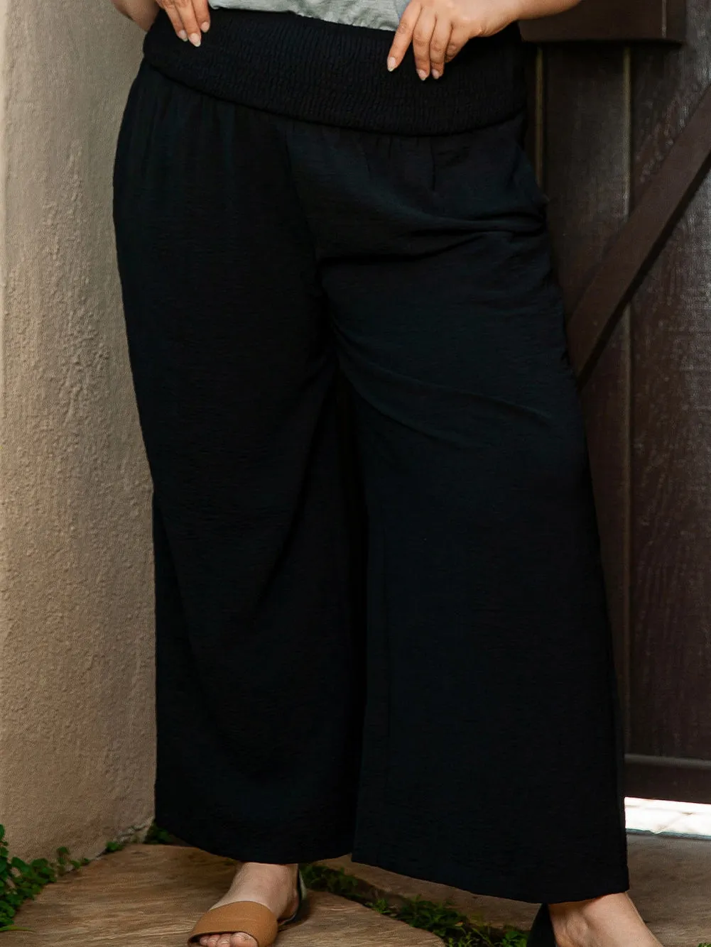 Black Shirred High Waist Plus Size Wide Leg Pants