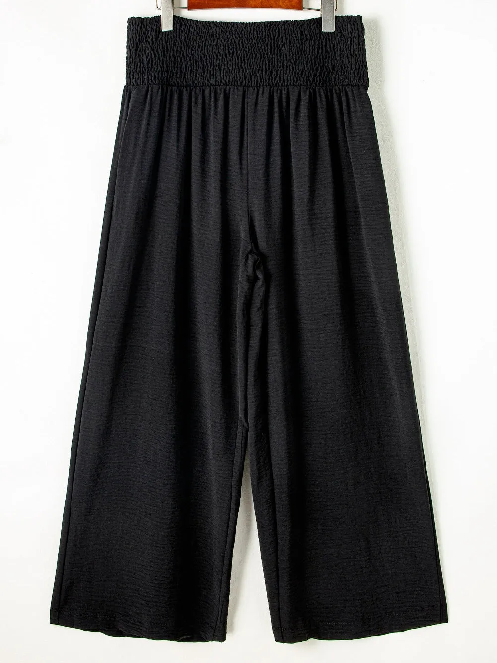 Black Shirred High Waist Plus Size Wide Leg Pants