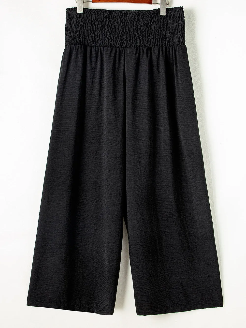 Black Shirred High Waist Plus Size Wide Leg Pants