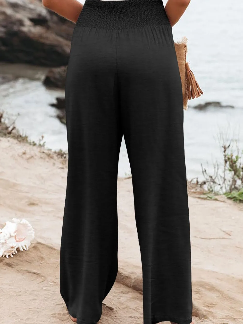 Black Shirred High Waist Plus Size Wide Leg Pants