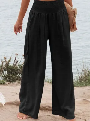 Black Shirred High Waist Plus Size Wide Leg Pants