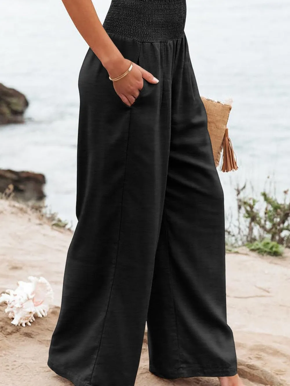 Black Shirred High Waist Plus Size Wide Leg Pants