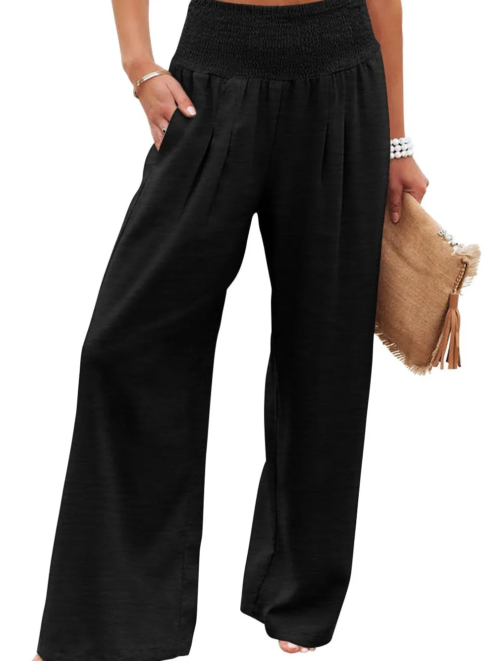 Black Shirred High Waist Plus Size Wide Leg Pants