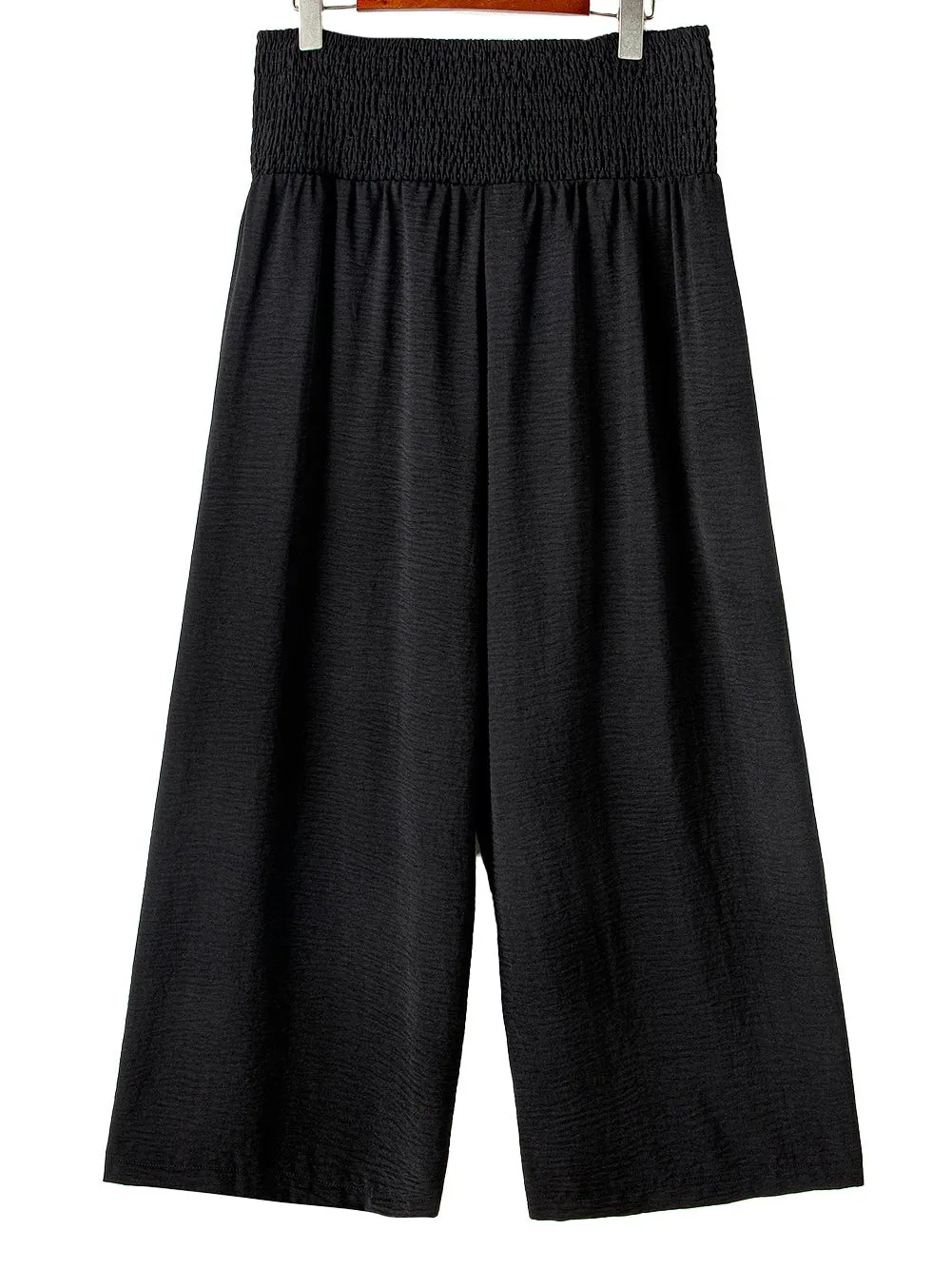 Black Shirred High Waist Plus Size Wide Leg Pants