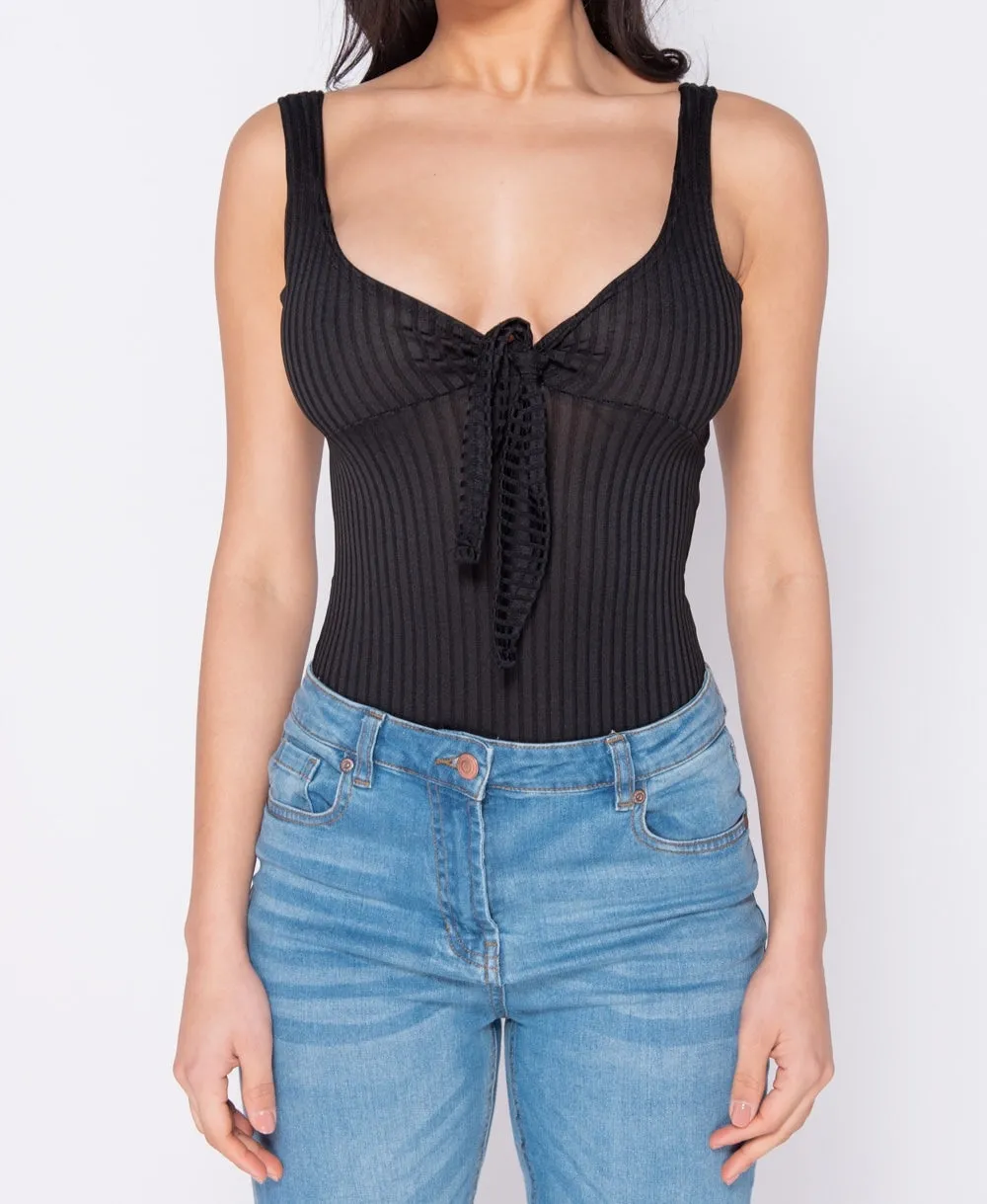 Black Tie Front Rib Knit Bodysuit