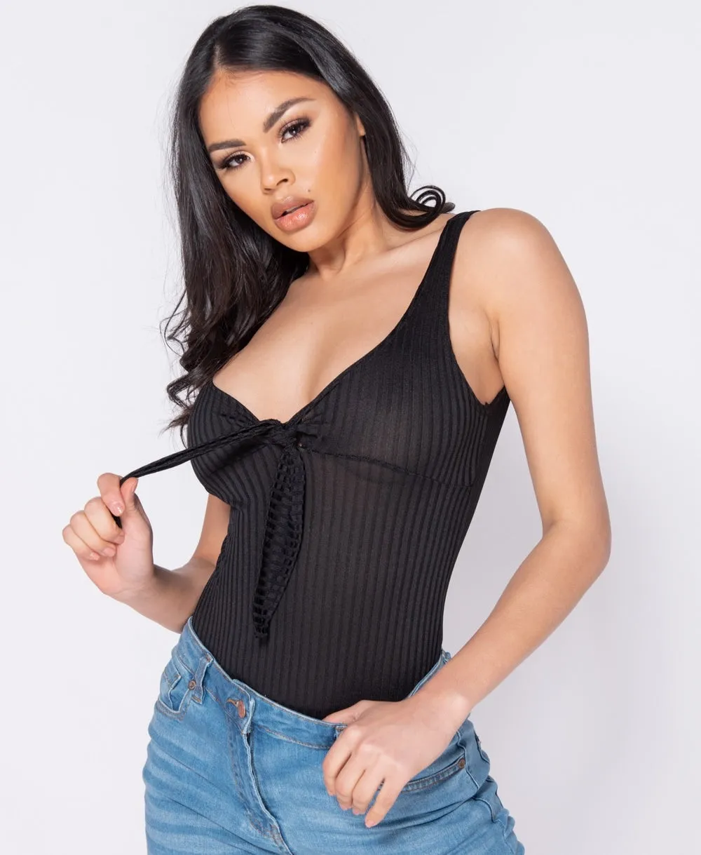 Black Tie Front Rib Knit Bodysuit