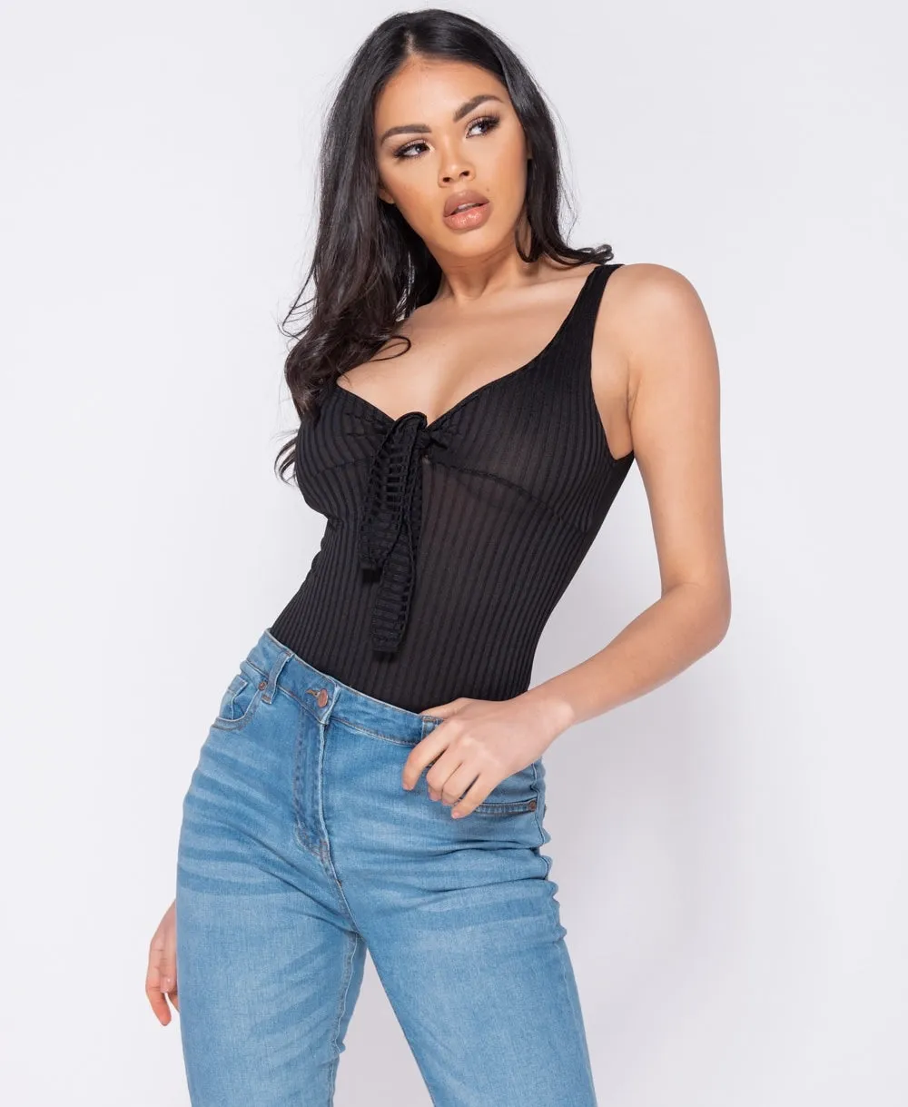 Black Tie Front Rib Knit Bodysuit