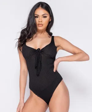 Black Tie Front Rib Knit Bodysuit